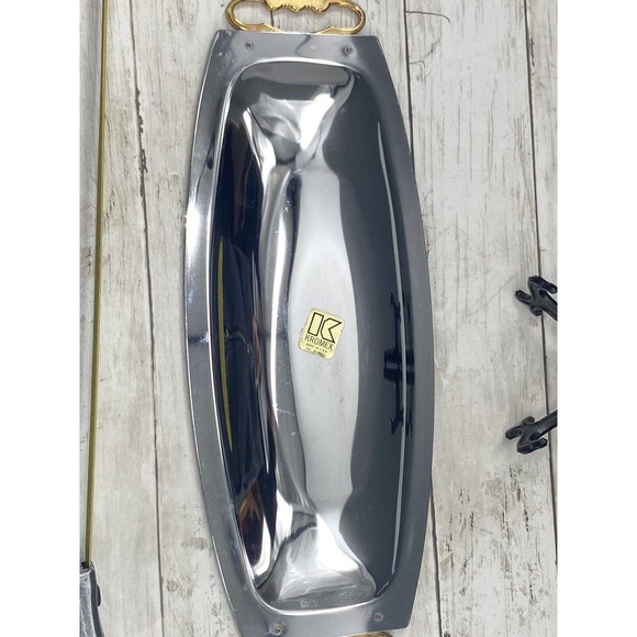 MCM Kromex Silver Serving Tray Bread Platter Chrome Brass Handles 17.5 x 6.5" - Picture 6 of 12